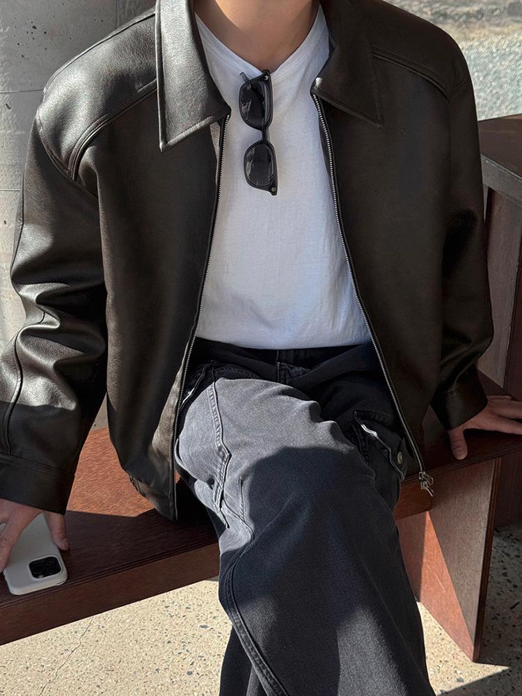 BJ Pánská Retro Podzimní Kožená Bunda - Ležérní, Pánská, Volný Střih, Korejský Styl pro do Práce s Límcem.
