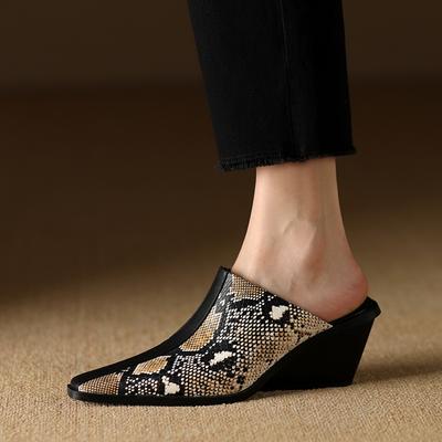 Fashion 2025 New Genuine Leather Shoes Women Slippers Wedges High Heels Pointed Toe Mules Ladies Office Dress Shoes Slides Women