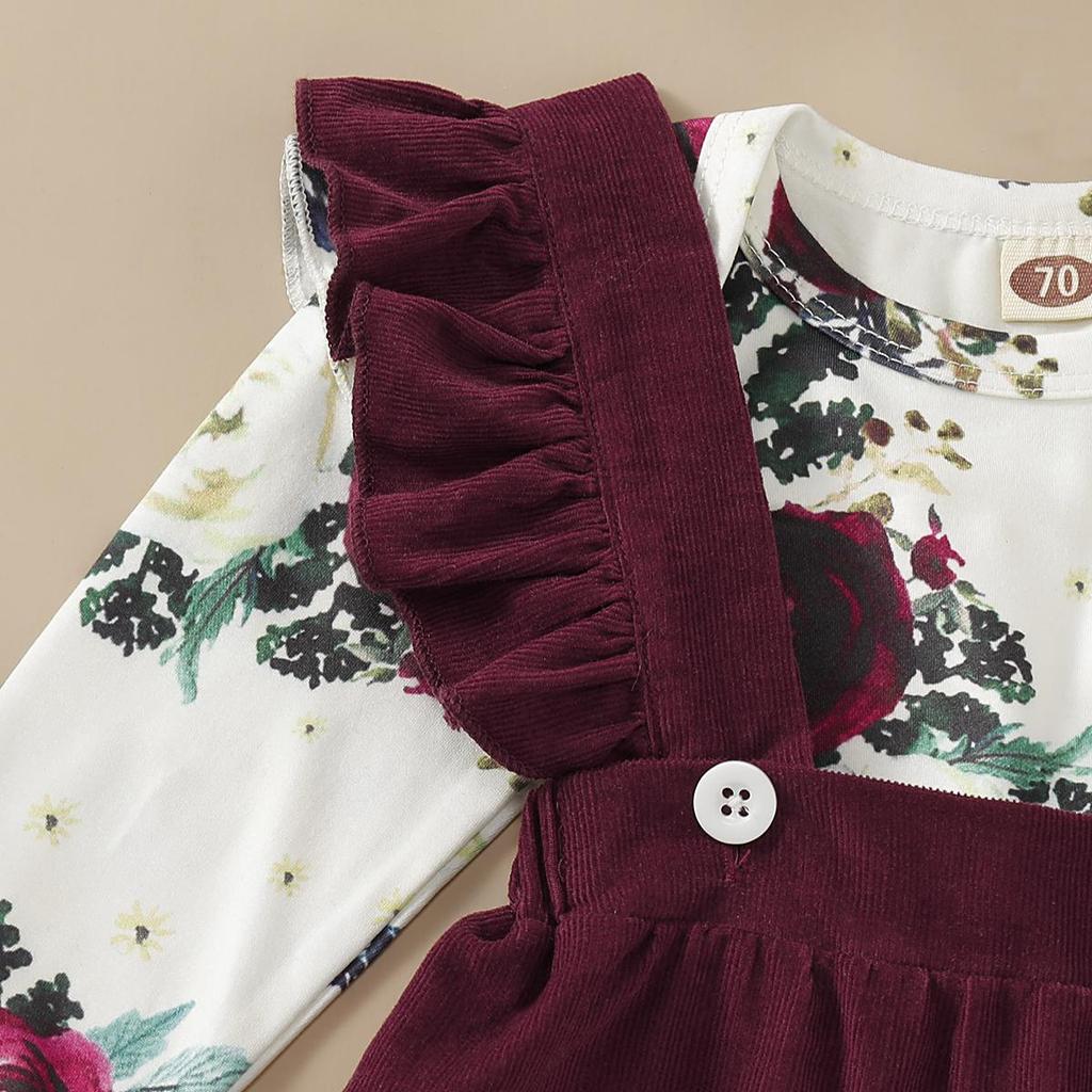 Newborn Baby Girl Clothes Set Floral Long Sleeve Romper Suspender Ruffle Dress and Bowknot Headband 3Pcs Outfit for 0-18 Months