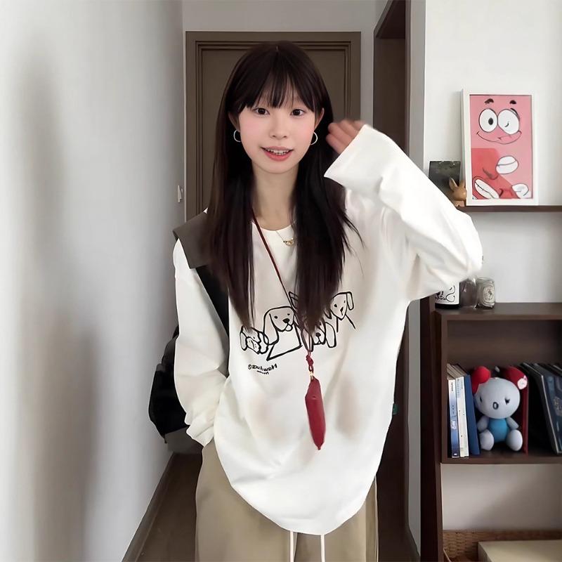 Spring Autumn Loose Casual Printing Cotton T-shirt Women Long Sleeve Simple Fashion All-match Pullover Tee Top