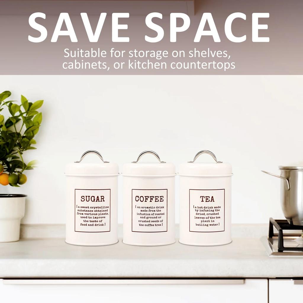 3Pcs Tea Coffee Sugar Canisters Set Space Saving Food Storage Jars Canisters Tea Organizer Airtight Coffee Container for Home