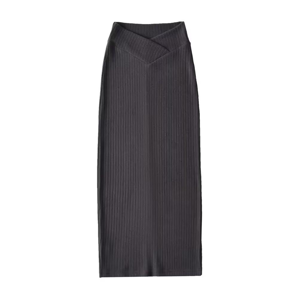 Trendy Women's European & American Style V-Neck High Waist Knitted Midi Skirt with Back Slit