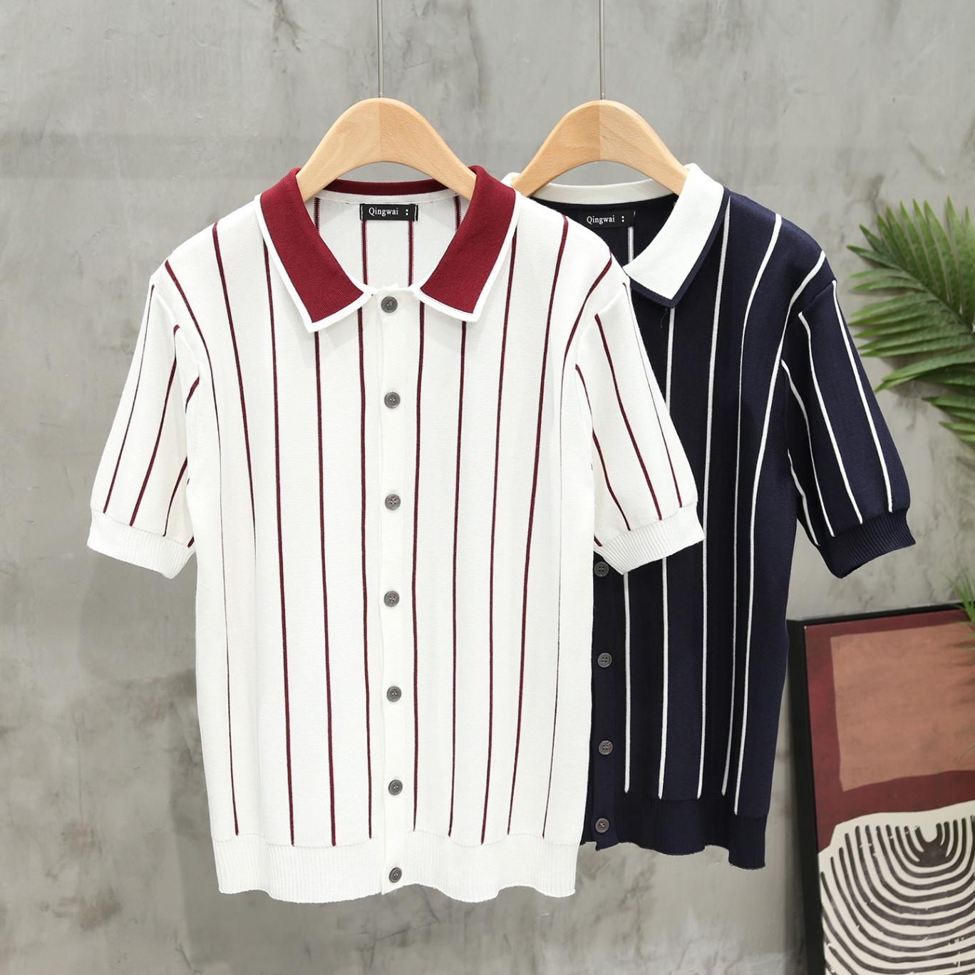 

European and American Men s Fashion 2025 Summer New Men s T-Shirt Solid Color Short Sleeve Knitted Polo Shirt Striped Loose Turn-down Collar Top 3XL темно-синього кольору