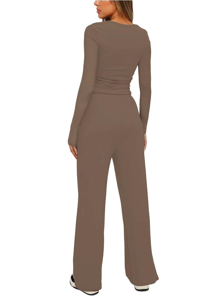 Solid Color Casual Long Sleeve Set Top High Waisted Wide Leg Pants Sportswear