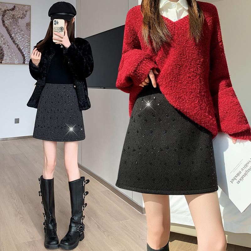 Women's High-Waist Sequined Wool A-line Skirt - Autumn/Winter