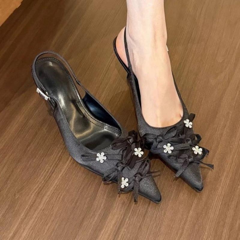 Fashion New Style Fashion Sexy Flower Pointed Toe Thin Low Heels Pumps Women Elegant Wedding Slingback Mules Shoes Zapatos De Mujer