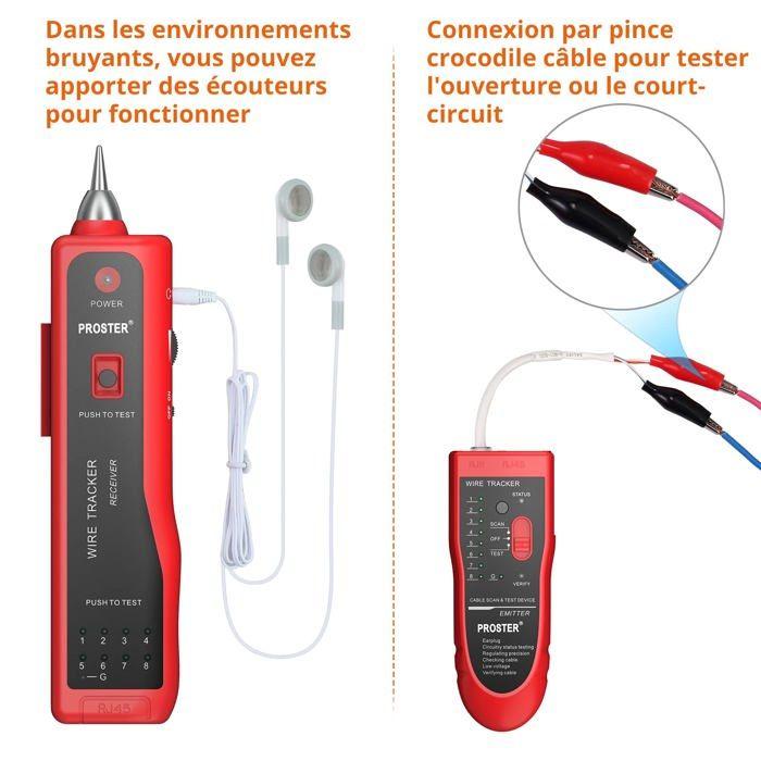 Traceur de câble - AIMOONSA - RJ11/RJ45 - Toner tracer Ethernet LAN - Test de continuité - LED et alarme
