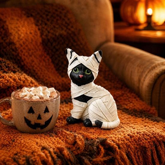 Shelf Halloween Decoration Mummy Black Cat Resin Figurine, Kitten Statue with Big Eyes & Wrapped Bandages, Figurine Cute Desk Ornament for Spooky Home