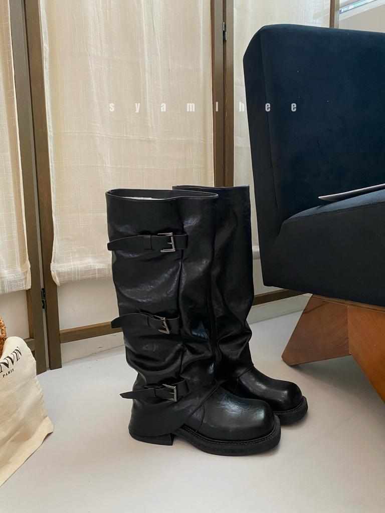 2025 Spring and Autumn New American Retro Style Pleated Design Thick Heel Belt Buckle Personalized Versatile Medium Boots Women