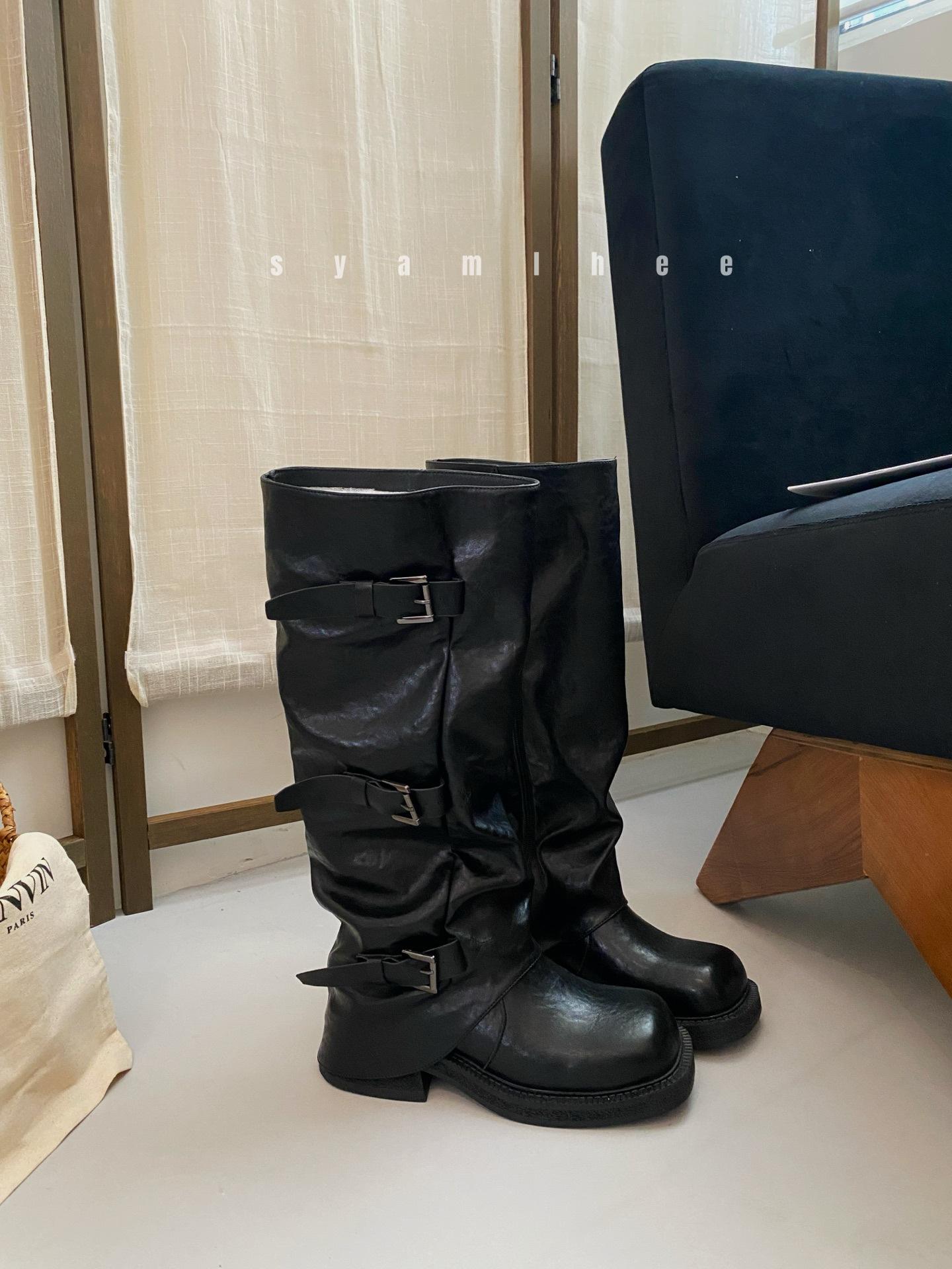 

2025 весна и осень новые американские ретро стиль плиссированный дизайн толстый каблук пряжка ремня персонализированные универсальные полусапоги женские 39 коричневый