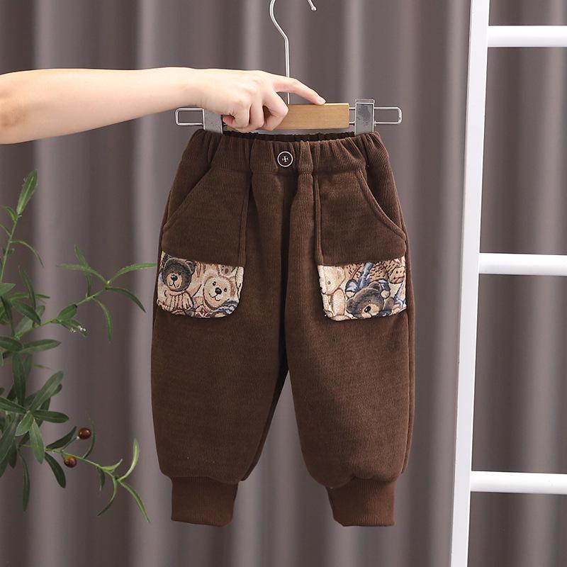 

2024 Детские зимние брюки из хлопкового бархата с рисунком: Толстый, теплый, удобный, повседневный 100cm темно-коричневого