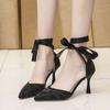 High heels women's 2025 spring and summer new sexy versatile single shoes fairy style pointed ribbon thin heel hollow sandals women