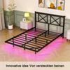 140x200 cm, Double Bed Frame with LED Lighting and Charging Station, Headboard, Metal Bed, Robust and Stable, Easy Assembly (without Mattress
