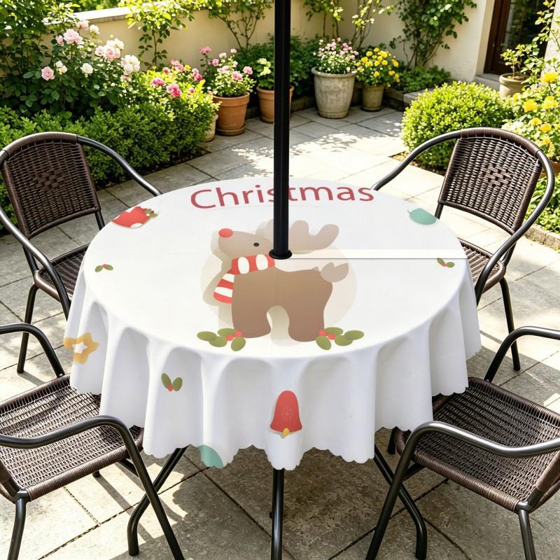 Outdoor Christmas Tablecloth Round Waterproof Oil-Resistant Patio Table Cover Garden Deck Umbrella Hole