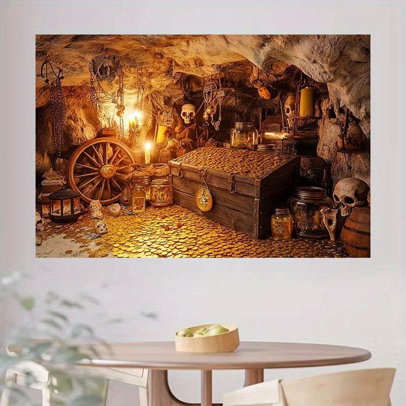 1 2D Pirate Treasure Chest Background Cloth  Featuring Gold Coins  Skulls and Candlelight - Polyester Party Decoration