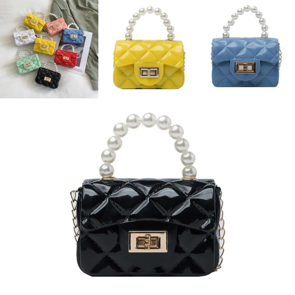 Fashionable Mini Jelly Bag With Pearl Chain Silicone Material For Children