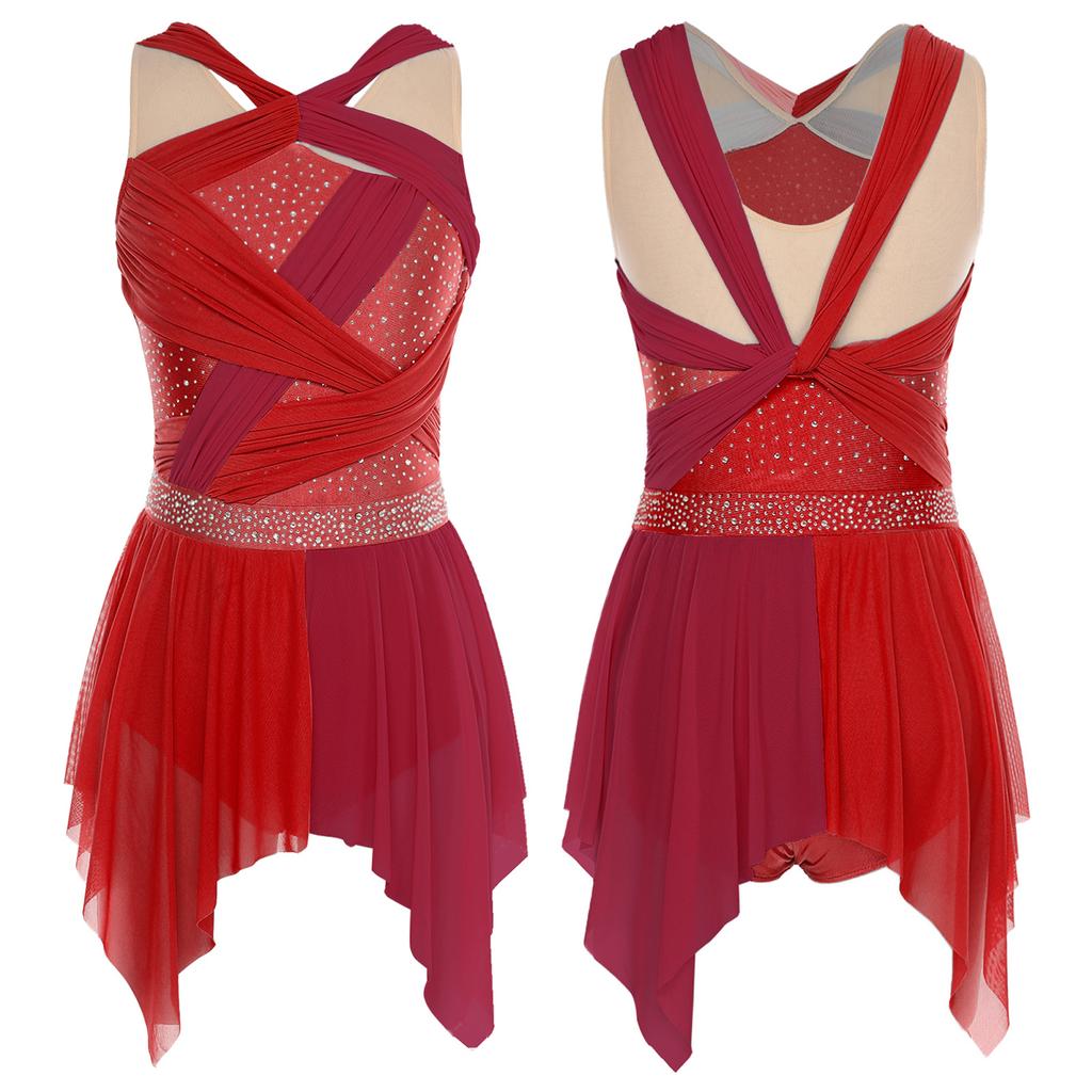 Color Block Mesh Leotard Dress for Women S-XXL: Ruched Twisted Knot Irregular Hem Sleeveless Rhinestone Design for Lyrical Dance