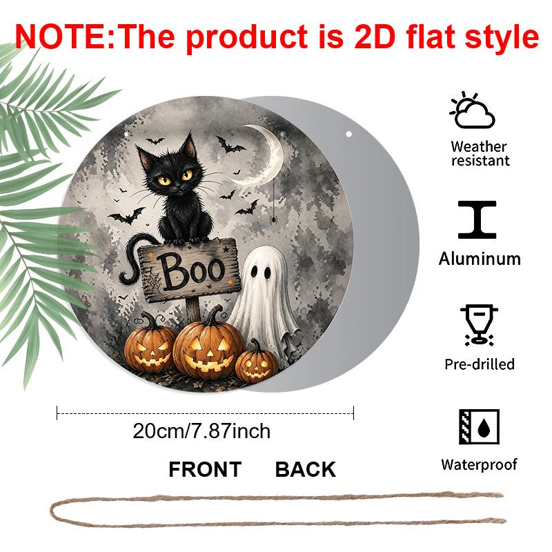 2D Flat, 1pc Round Aluminum Hanging Sign, Vintage Watercolor Black Cat Ghost Pumpkin Boo Printed Plaque, Spooky Rustic Farmhouse Halloween Front Door