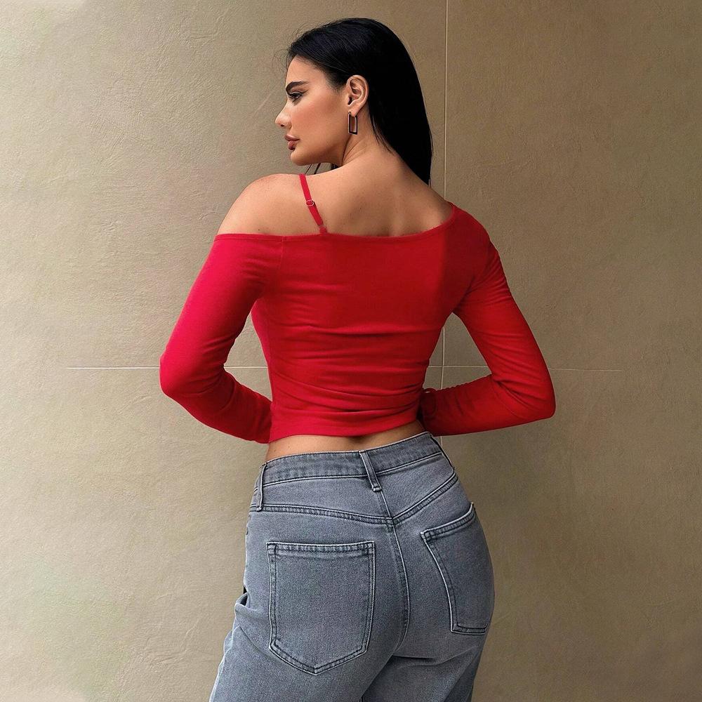 European And American Slope Collar Sweet And Spicy T-shirt Spring And Summer Navel-baring Design Short Red Top For Women