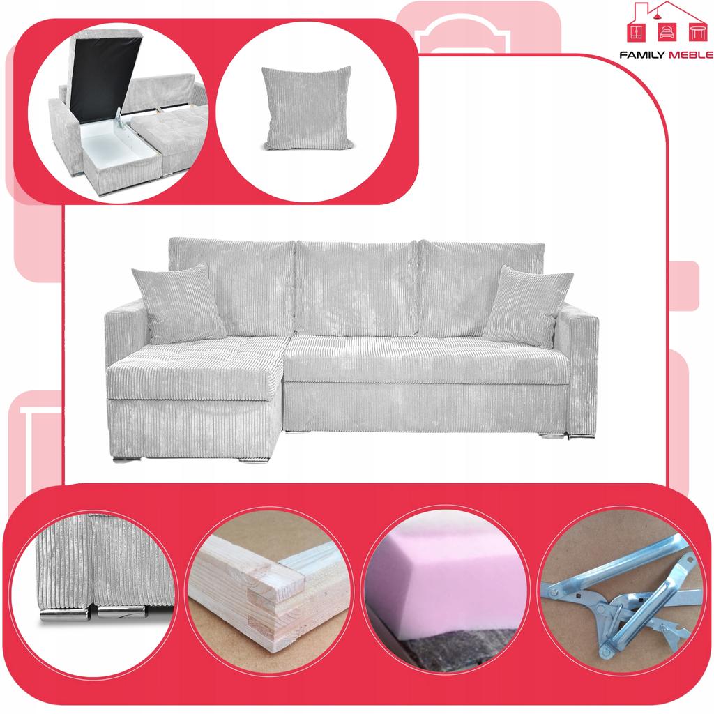 Narożnik Bonito rozkładany z funkcją spania Family Meble sztruks szary