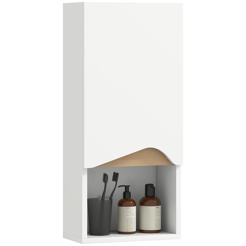 Bathroom cabinet, wall-mounted cabinet with soft-close door and open compartment, 30 x 17 x 67 cm, white