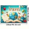 2D Flat Adventure Banner, Teal Sky with Airplanes, Compass and Vintage Luggage Decor Background