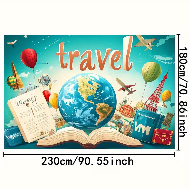2D Flat Adventure Banner, Teal Sky with Airplanes, Compass and Vintage Luggage Decor Background