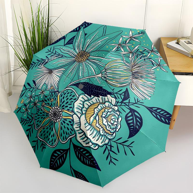 1pc Floral Illustration with Teal Background Umbrella with Plastic Handle,Suitable for All Seasons Umbrellaptys26088
