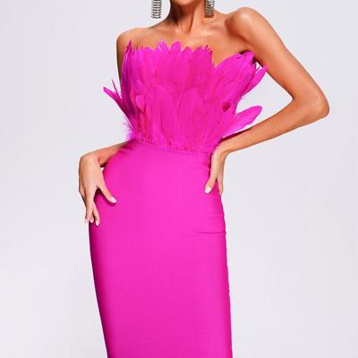 European & American Mid-Length Ostrich Feather Tube Top Bandage Dress for Women - High-End Christmas Fashion.
