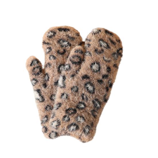 

1 Pair Winter Mittens Leopard Print Warm Plush Gloves Soft Thickened Cold-Proof Skiing Travel хаки