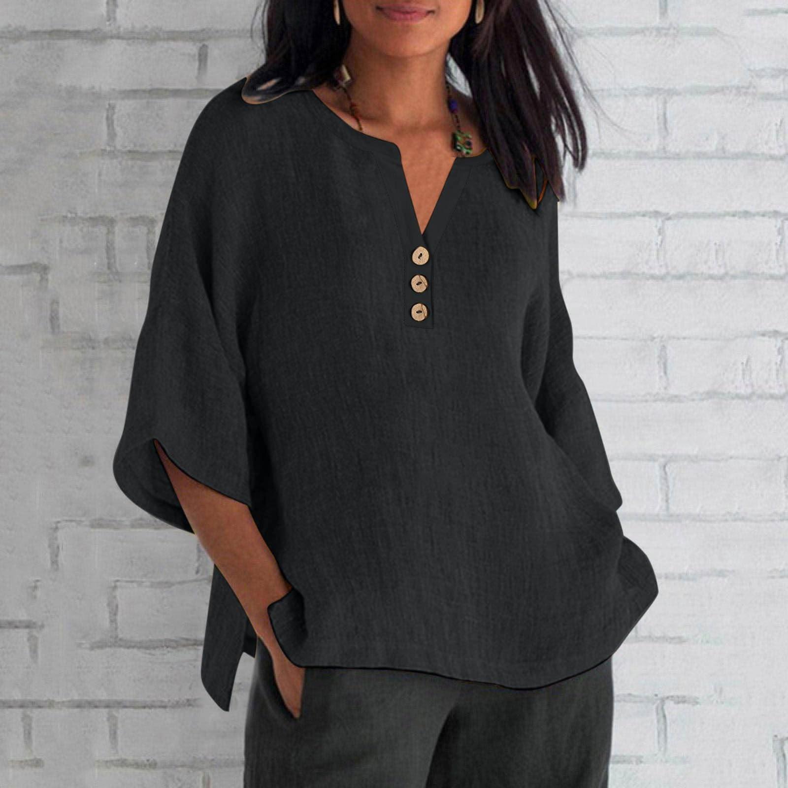 Женская летняя свободная футболка с v-образным вырезом и рукавами три четверти — фото 8