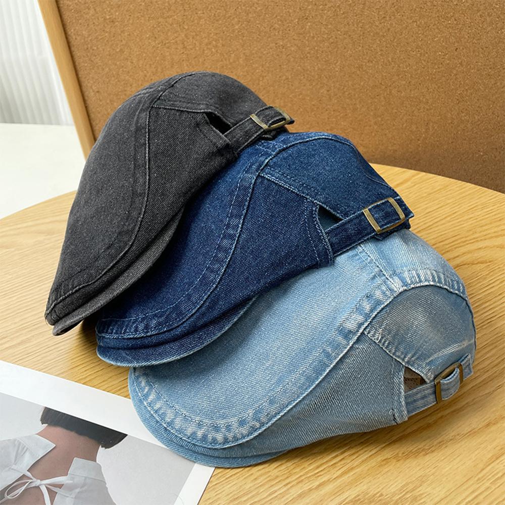 Retro Denim Newsboy Cap Adjustable Forward Flat Hat, Casual Versatile Face Slimming Artist Beret Hat for Men Women