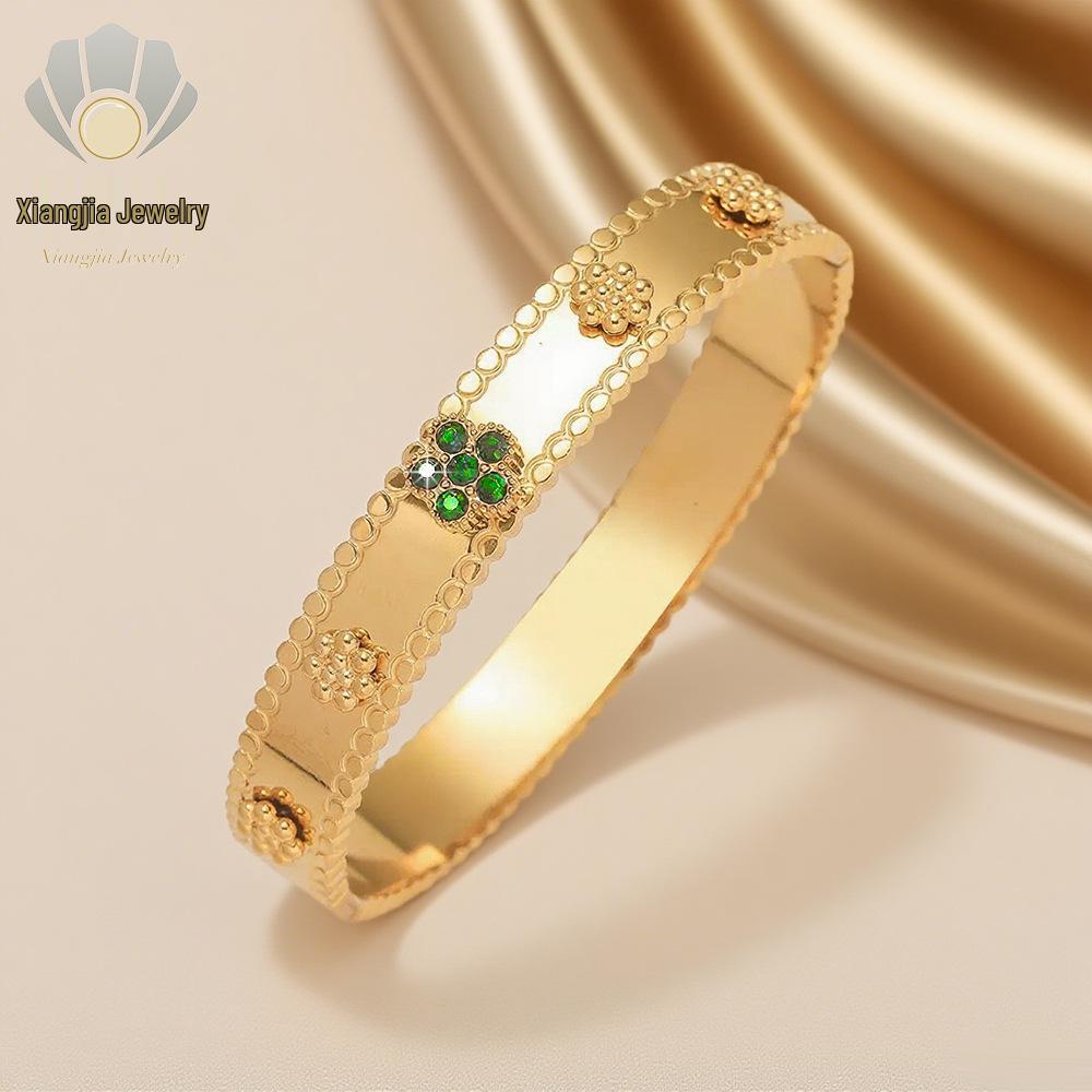 Szmaragdowy Cyrkoniowy Kwiat Stal Tytanowa Bransoletka - Damska Styl Europejski i Amerykański, Luksusowa Modna Bransoletka.