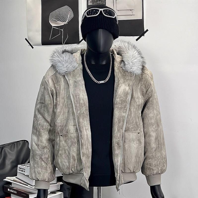 Herren Kapuzenjacke 2025 Tie-Dye mit Pelzkragen - Trendy, Dick und Warm Baumwoll-Oberbekleidung