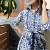 HandBlock Print Dress Jaipur Morni Cotton Summer Midi Dress Blue Cotton Shirt Dress with Belt,pockets