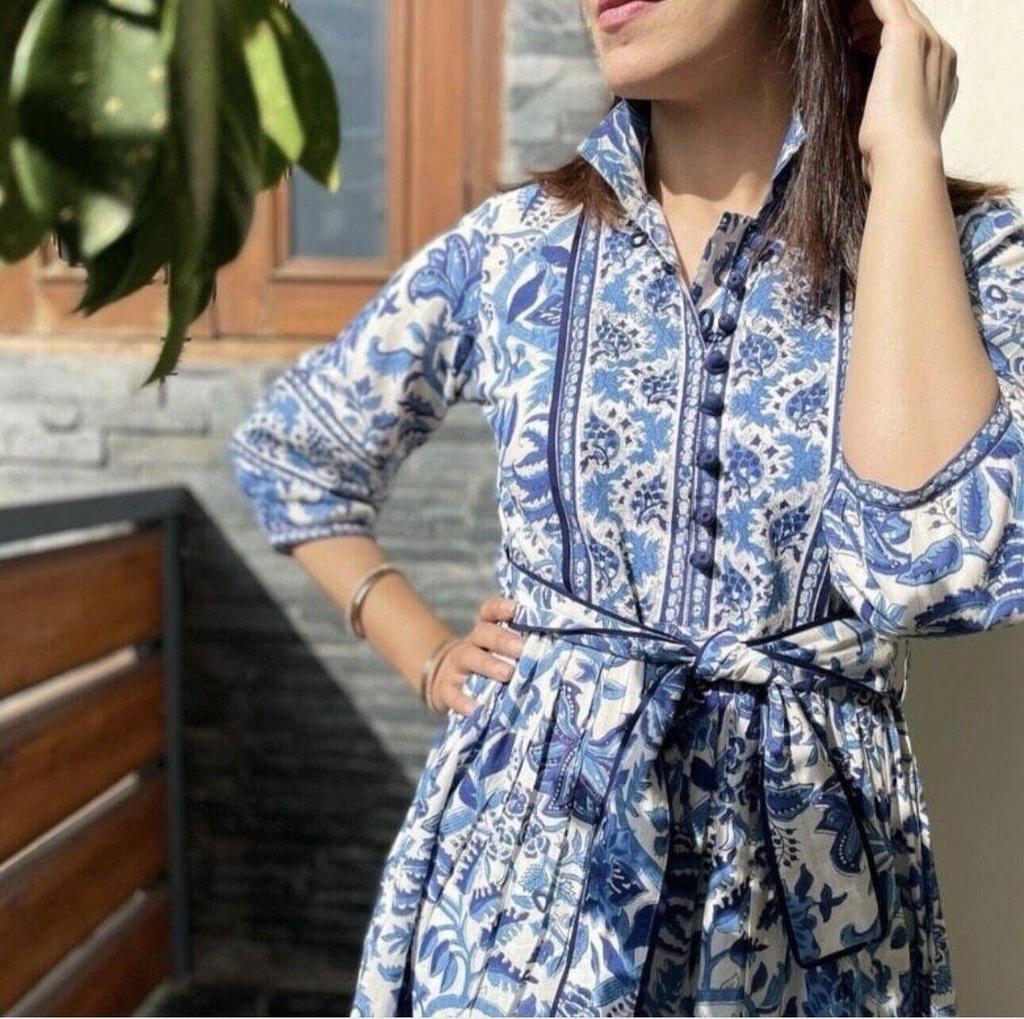 HandBlock Print Dress Jaipur Morni Cotton Summer Midi Dress Blue Cotton Shirt Dress with Belt,pockets