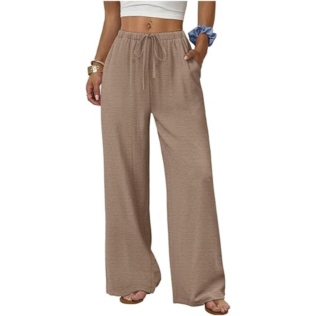 European & American Women's Casual Solid Wide-Leg Beach Pants with Elastic Waist & Pockets
