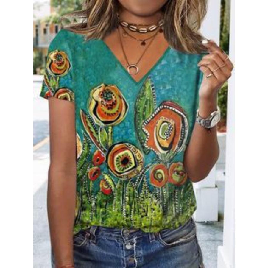 women fashion v neck short sleeve 3d floral print t shirt summer comfortable sportwear tops