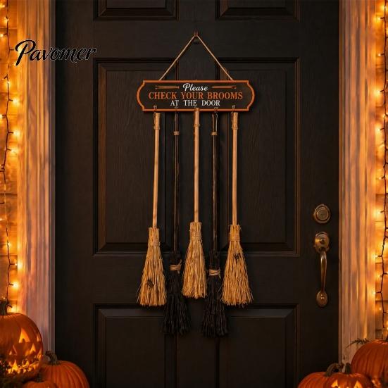 Halloween Home Decor Broom Parking Sign, Check Your Brooms Wooden Wall Hanging Sign Witch with Hooks for Indoor Outdoor Front Porch Creative