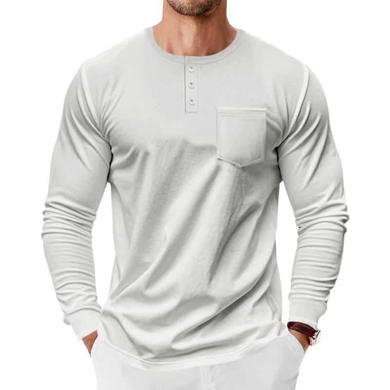 Mens Long Sleeve Henley Shirt Loose Fit Pocket Tee For Spring Autumn