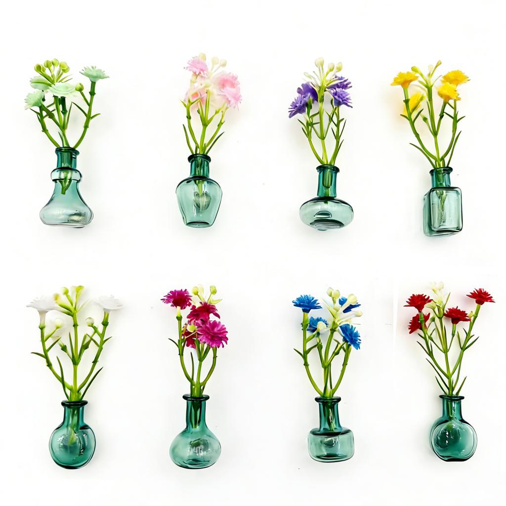 5/8pc Miniature Glass Vases with Faux Flowers Fridge Magnets Set, Artificial Plants Refrigerator Magnet for Kitchen Office Decor