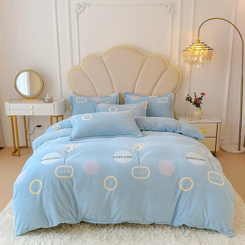 Thickened Milk Fleece Printing Four-Piece Polka Dot Student Bed Sheet Quilt Cover Bed Three-Piece Dormitory