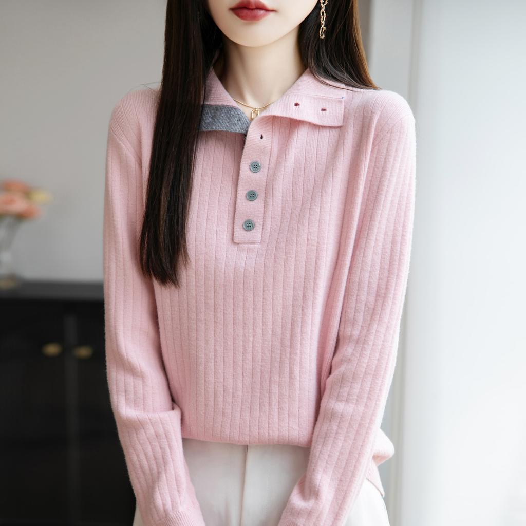 New Autumn and Winter Style Striped Color-blocking Fake Two-piece Knitted Base Layer Women's Half-open-neck Pullover Long-sleeved Sweater