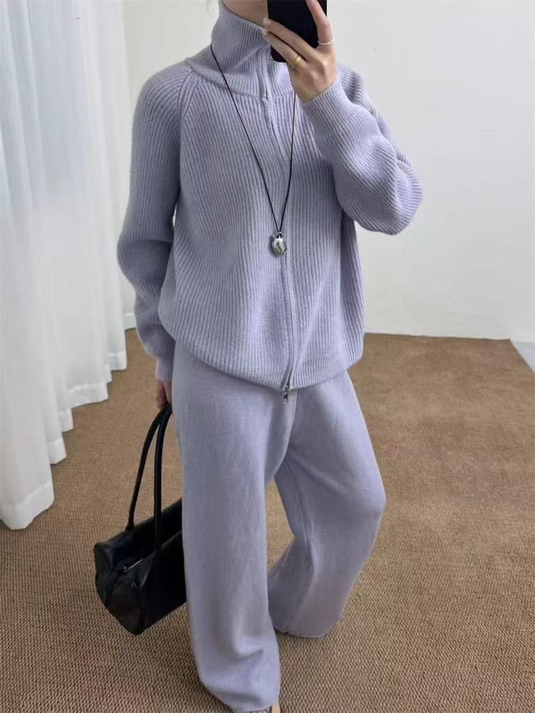 Autumn and winter new European and American women's clothing solid color zipper cardigan knitted wide-leg pants two-piece set for women