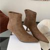 Brown Short Boots Women's  New Spring and Autumn Suede French High-heeled Ankle Boot Pointed Elastic Fashion Thin Boots