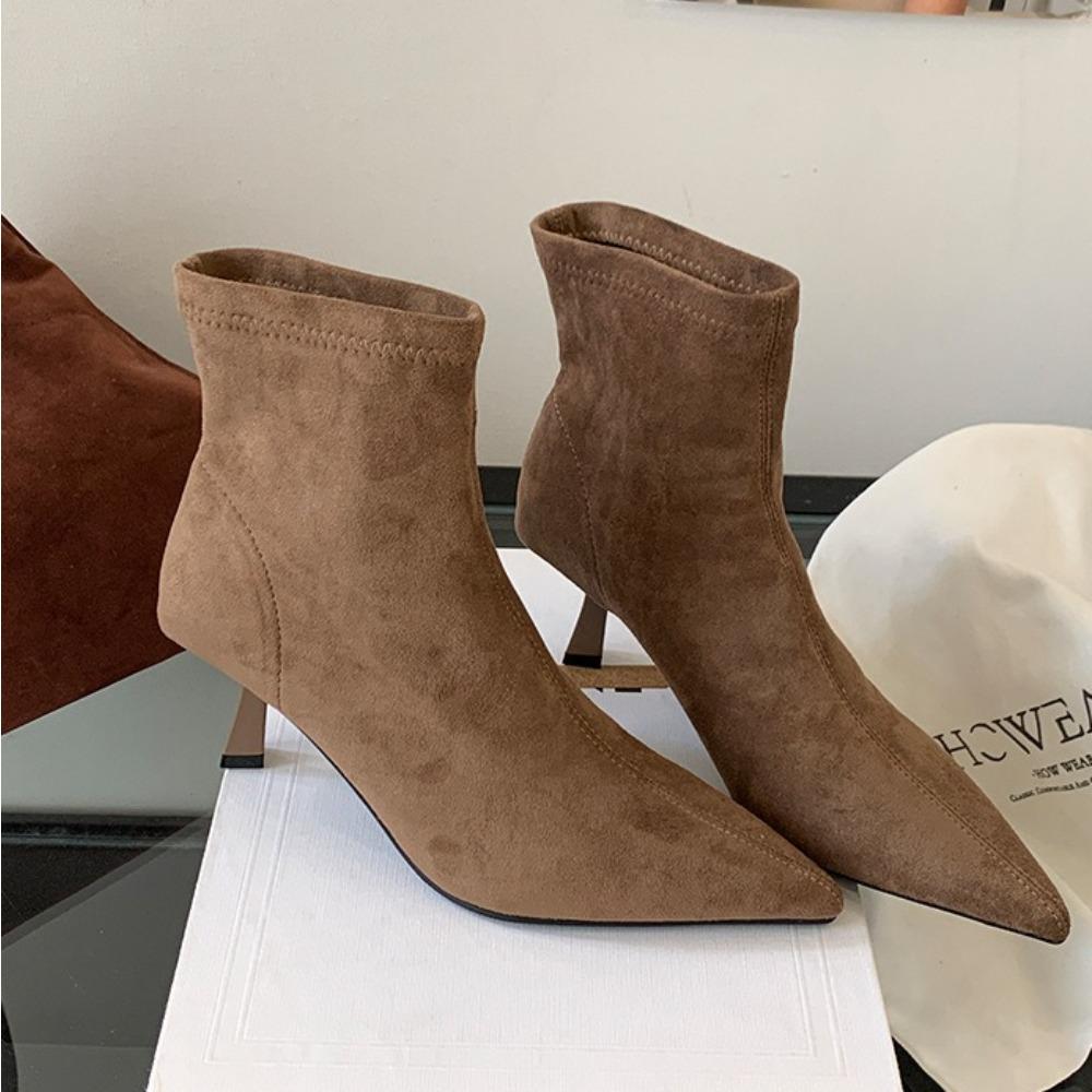 Brown Short Boots Women's  New Spring and Autumn Suede French High-heeled Ankle Boot Pointed Elastic Fashion Thin Boots