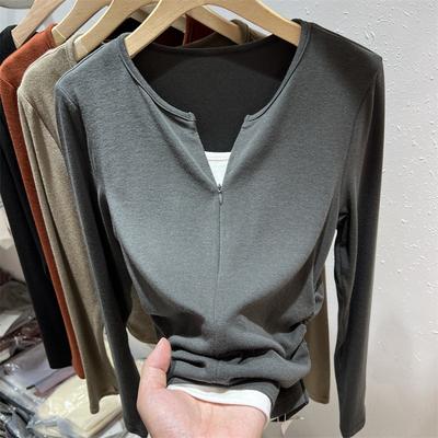 Zipper Fake Two-piece Top Women's Spring Contrasting Color Splicing Card Waist Pleated Long-sleeved Shirt Bottoming Shirt Tide