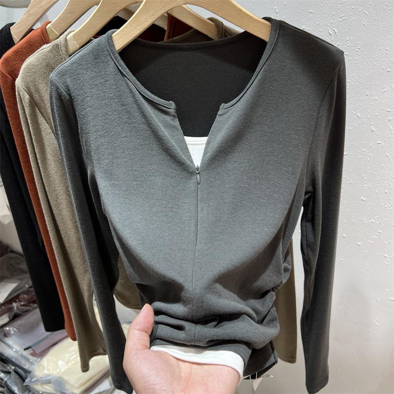 

Zipper fake two-piece top women s spring contrasting color splicing card waist pleated long-sleeved shirt bottoming shirt tide 2XL темно-серого