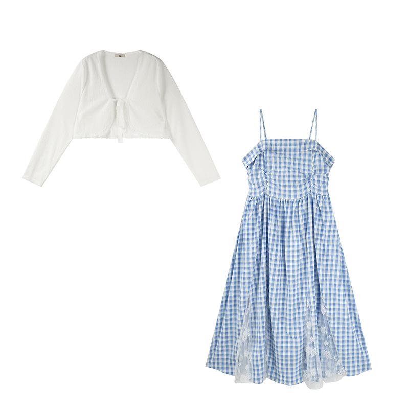 Shuangtian 2026 Spring/Summer Women s Plus Size Plaid Camisole Dress & Cardigan Set XL