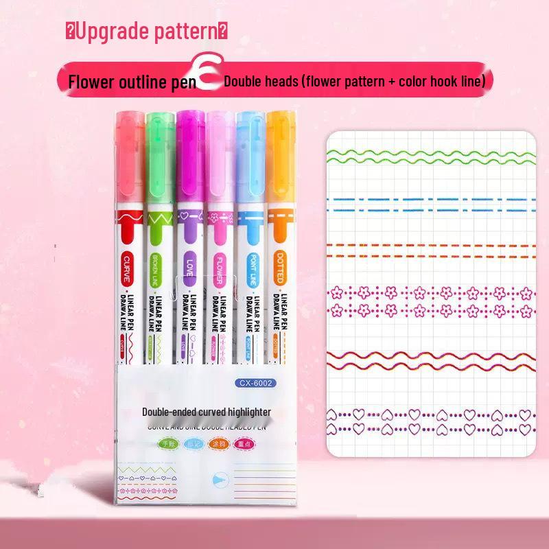 Colorful Wave Pattern Outline Highlighter Pen Set Curve Pen